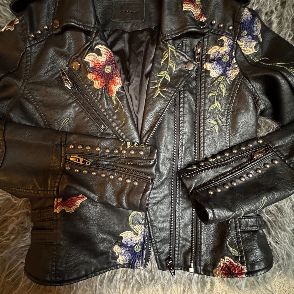 Fabulous Blank NYC Embroidered Black Faux Leather Moto Style Jacket Western
